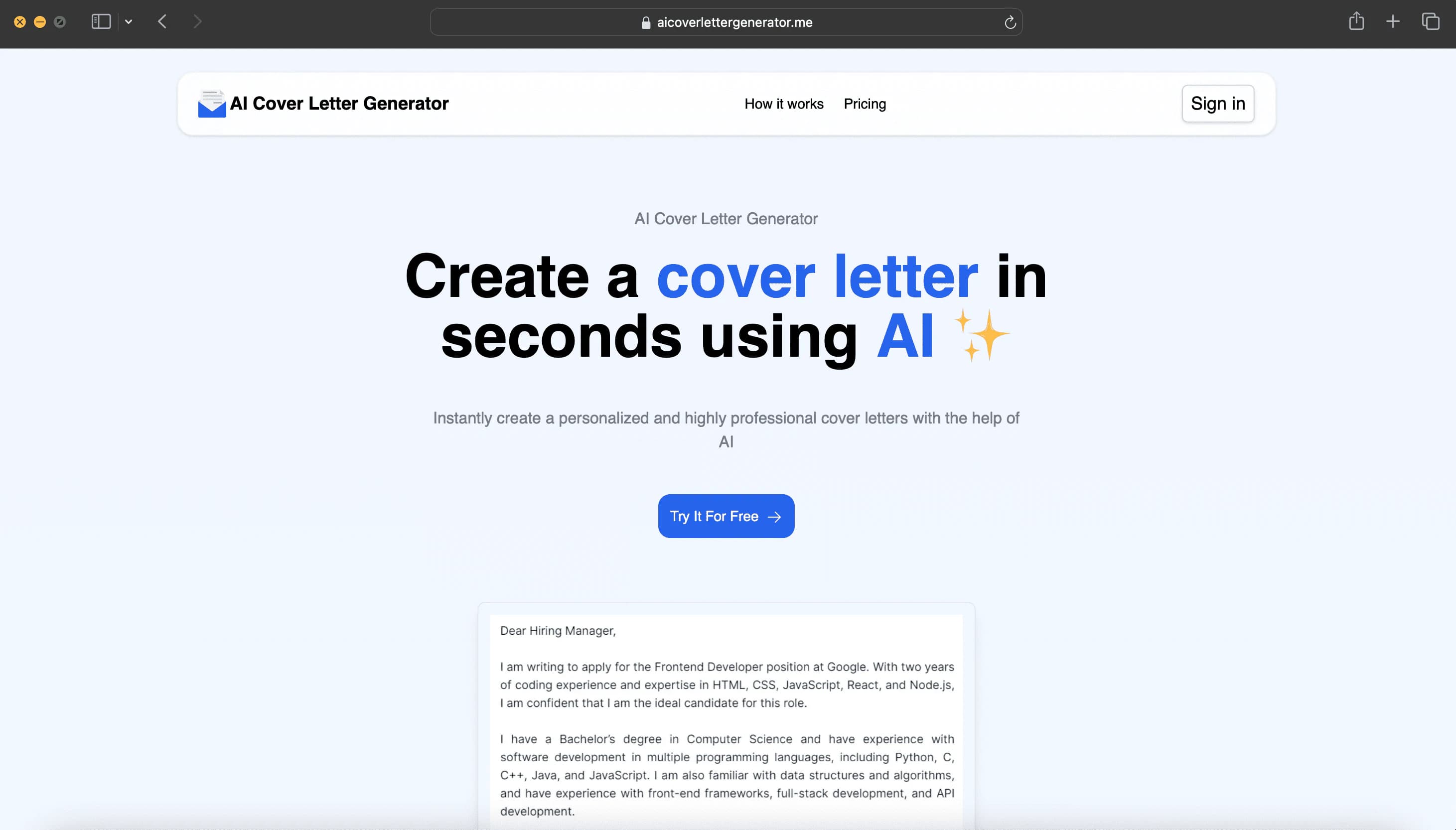 AI Cover Letter Generator screenshot